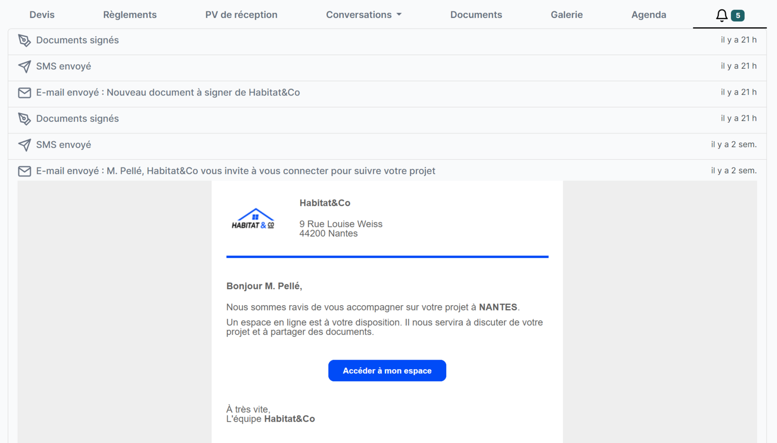 Historique des notifications envoyées à votre client(e)